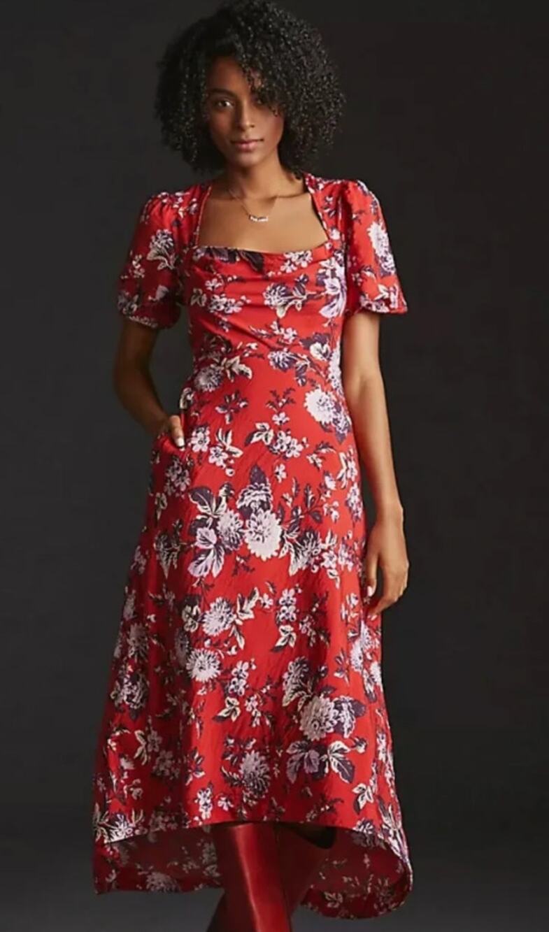 Maeve red floral puff sleeve midi dress. Size 10